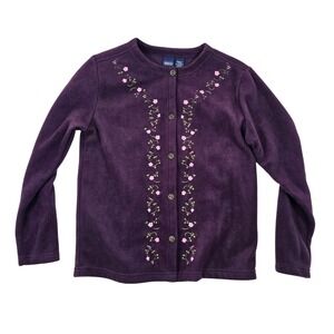 Basic Editions Purple Fleece Cardigan Floral Embroidered Button Front Small NWT